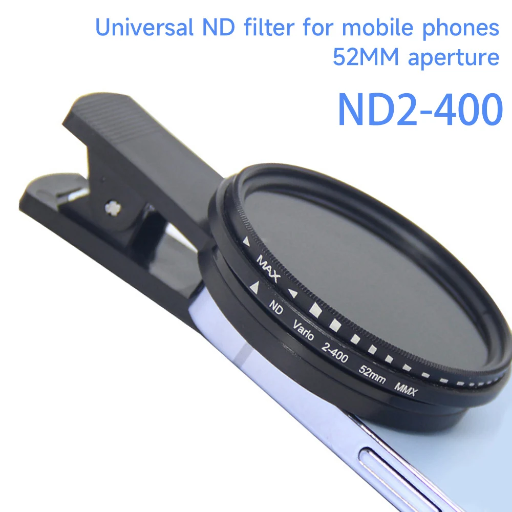 휴대 전화 용 클립이있는 가변 ND 필터 조정 가능한 ND2-400 52mm 일식 카메라 렌즈 중립 밀도 필터