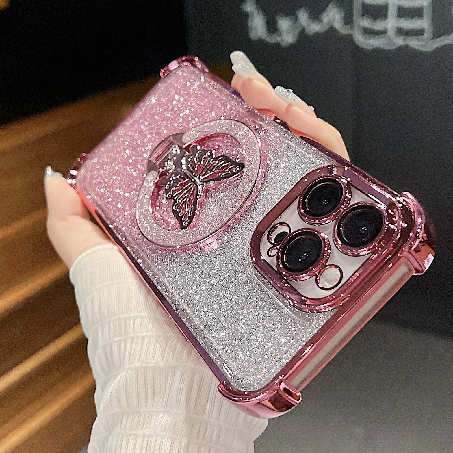 iPhone 11 12 13 14 15 16 Pro Max Plus 4 코너 안티 가을 커버 용 렌즈 필름 전화 케이스가있는 고급 나비 반짝이 홀더