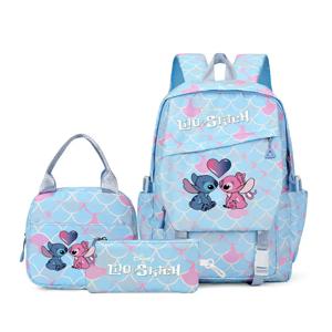 Lilo & Stitch Anime 프린트 배낭 세트(도시락 가방 및 연필 가방 포함), 대용량 경량 및 통기성 야외 배낭