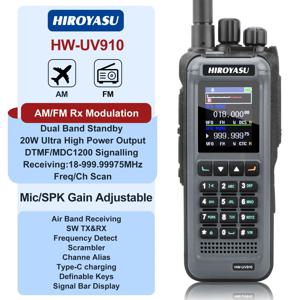 HIROYASU HW-UV910 VHF UHF 듀얼 밴드 20W 에어 밴드 18-999.99975MHz Rx 스크램블러 DTMF 1750Tone NoAA FM 워키 토키 주파수 감지