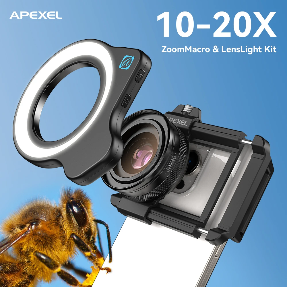 APEXEL 10-20X 줌 매크로 렌즈 HD 마이크로 폰 카메라 렌즈(iPhone용 LED 필 라이트 포함) 삼성 모든 스마트폰 속눈썹 매크로