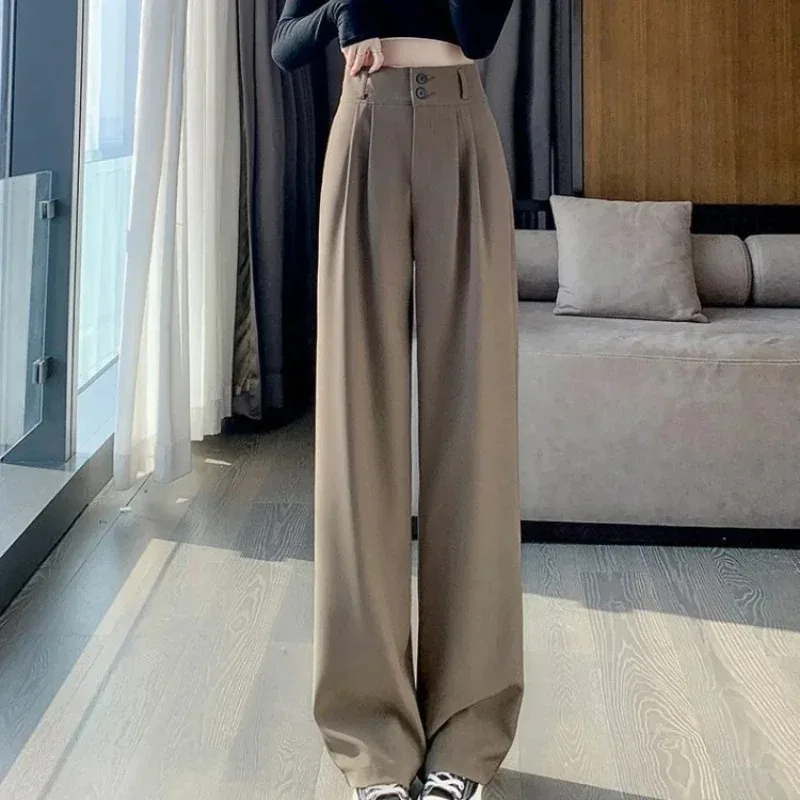 우아한 넓은 다리 바지 여성 한국어 스타일 높은 허리 검은 헐렁한 바지 사무실 숙녀 패션 느슨한 양복 바지 streetwear