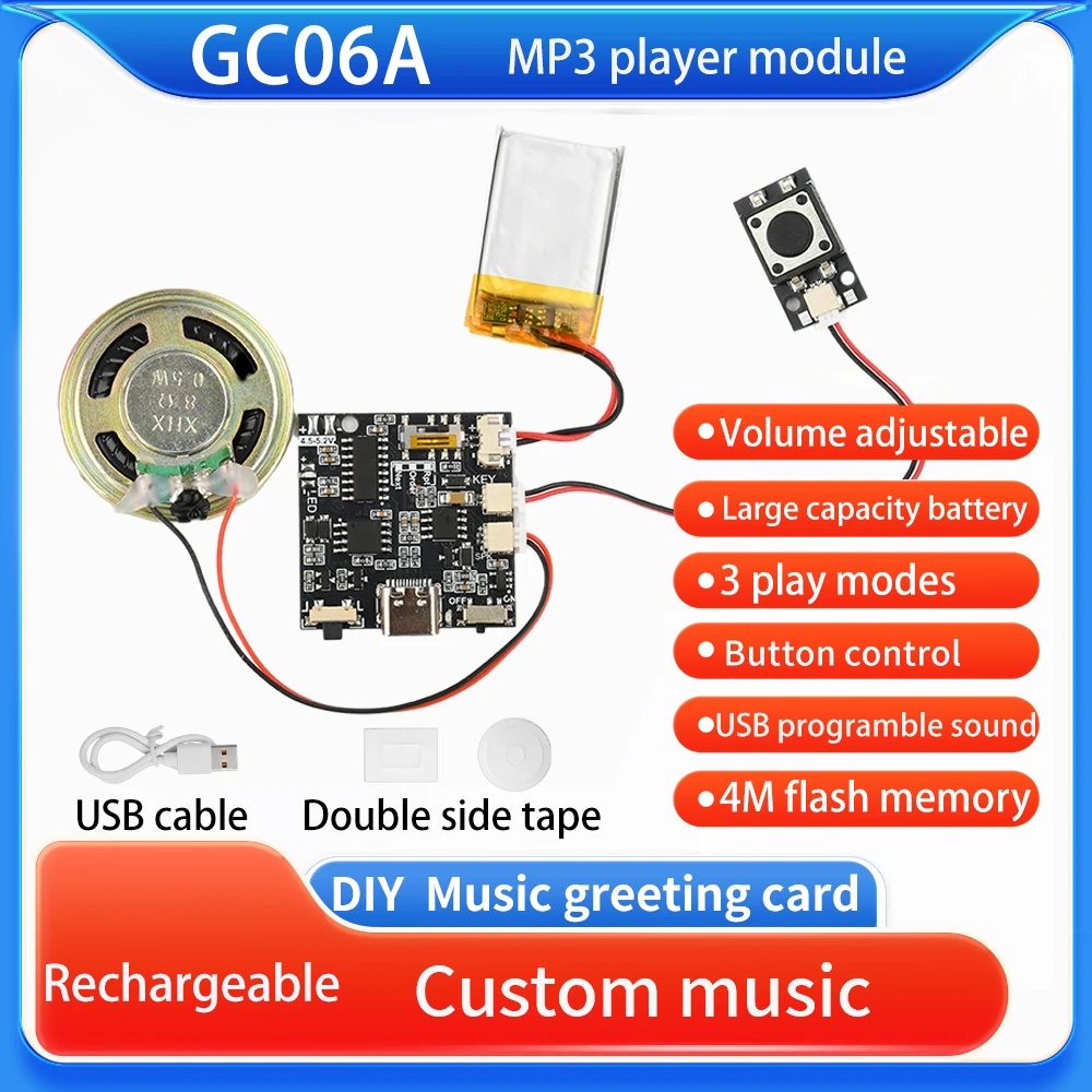 GC06 녹음 가능한 사운드 모듈 MP3 WAV 버튼 제어 음악 음성 플레이어 보드 녹음 카드 이동 크리 에이 티브 선물 유형 C