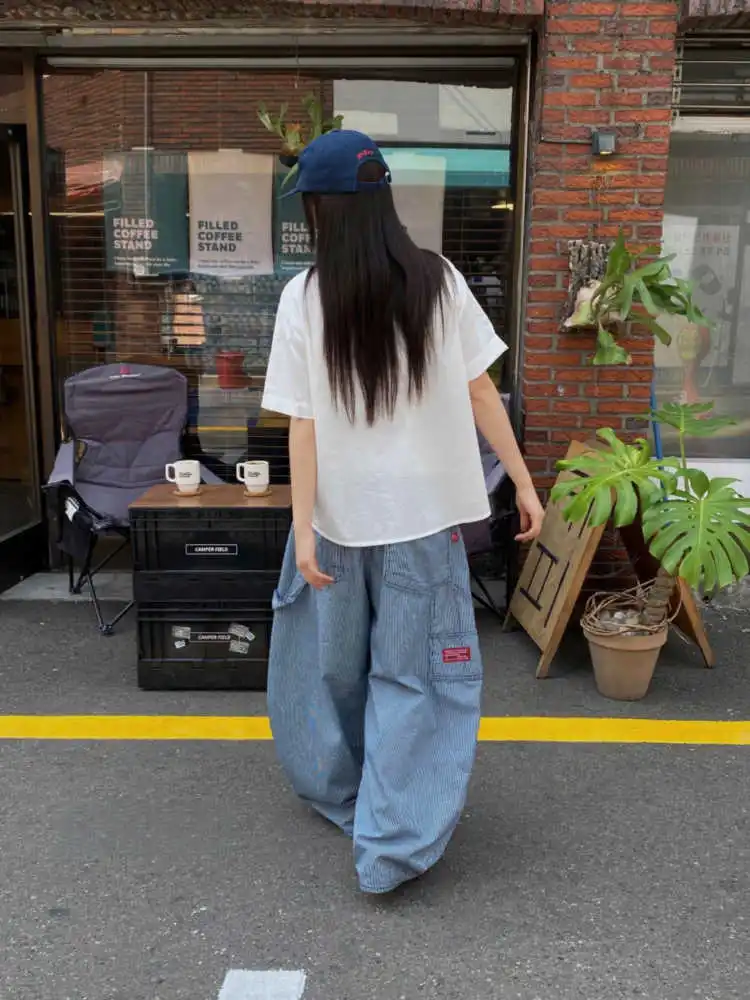 클래식 블루 캐주얼 바지 루즈 와이드 레그 작업복 바지 세로 줄무늬 스트리트 스타일 복고풍 패션 다목적 편안한