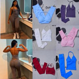 2Pcs 여성 체육관 요가 세트 원활한 높은 허리 레깅스 스포츠 브래지어 탑 운동 복장 피트니스 Activewear 러닝 훈련 의류