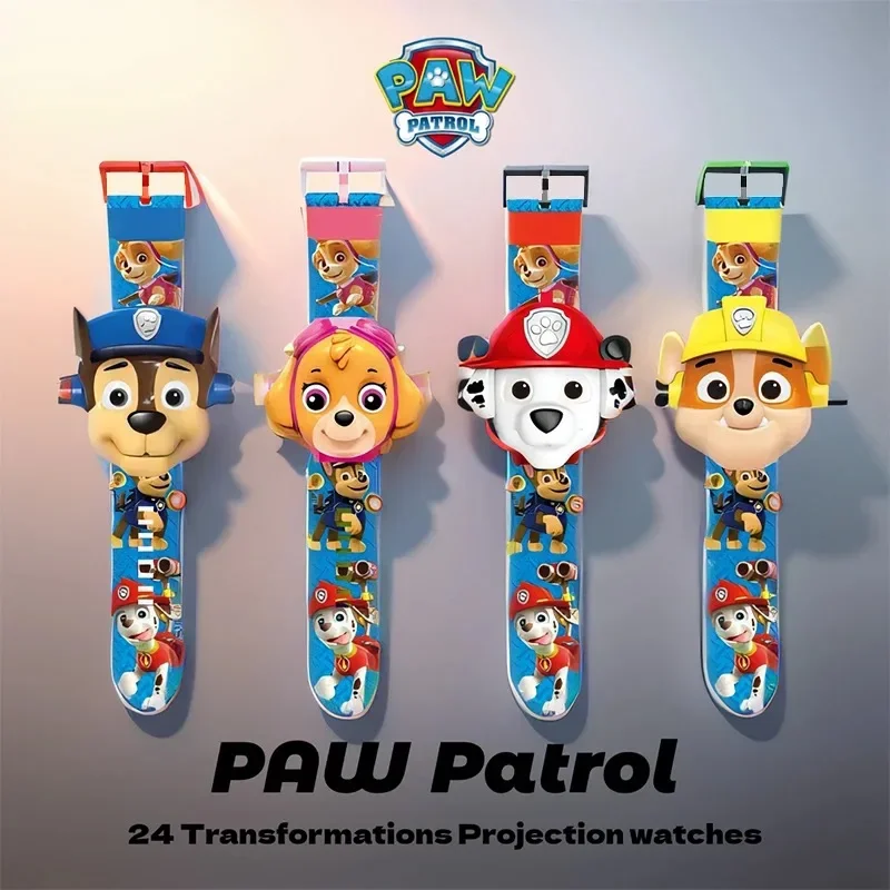 Paw Patrols 3D 프로젝션 디지털 시계 개 마샬 잔해 스카이 체이스 소년과 소녀를위한 아이 선물 애니메이션 액션 모델 어린이 장난감