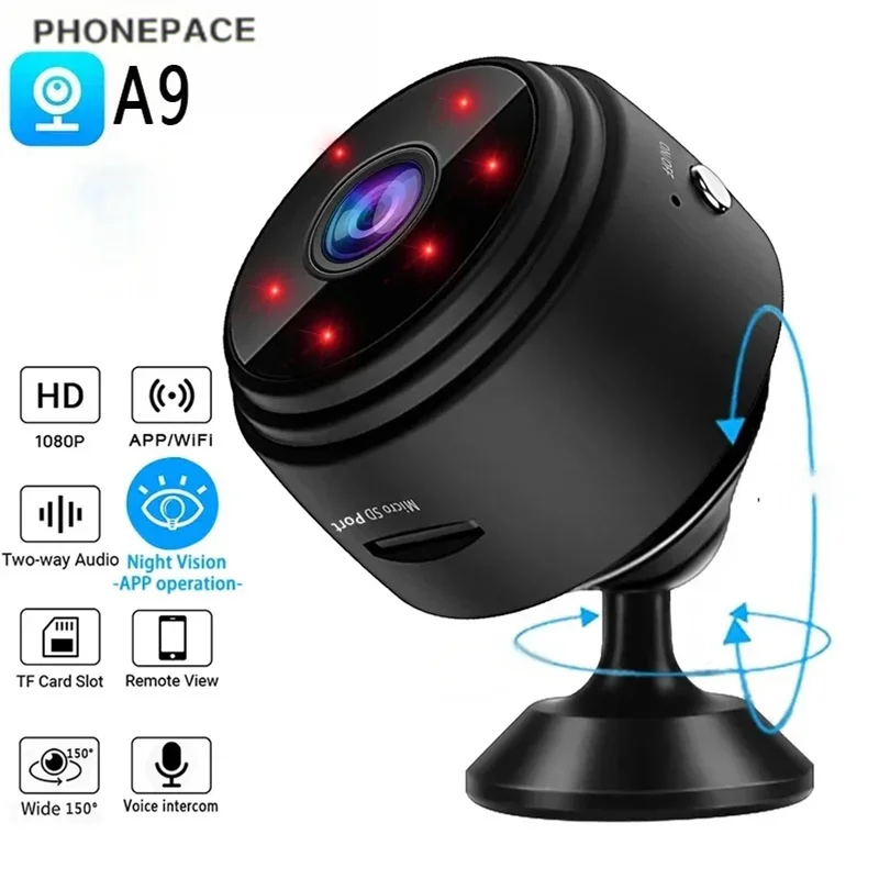 PHONEPACE A9 미니 WiFi 카메라 - 모바일 앱을 갖춘 무선 홈 보안 IP 카메라