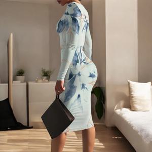 여성 긴 소매 미디 드레스 섹시한 Bodycon 연필 드레스 크루 넥 칵테일 드레스