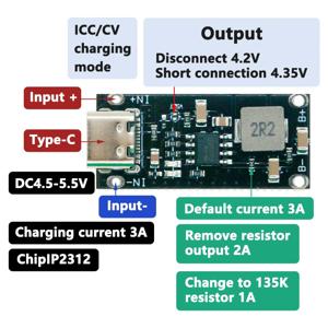 타입-C USB 입력 고전류 3A 폴리머 삼원 리튬 배터리 고속 충전 보드, IP2312 CC/CV 모드 5V ~ 4.2V