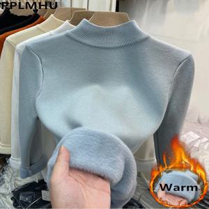 하프 터틀넥 스웨터 겨울 슬림 두꺼운 니트 점퍼 여성 소프트 니트 풀오버 캐주얼 플러시 양털 안감 따뜻한 Malhas 탑스