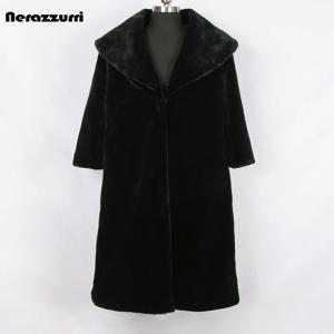 Nerazzurri 엑스트라 롱 블랙 겨울 가짜 모피 코트 여성 긴 소매 플러스 사이즈 우아한 푹신한 깎은 밍크 모피 오버 코트 6xl 7xl