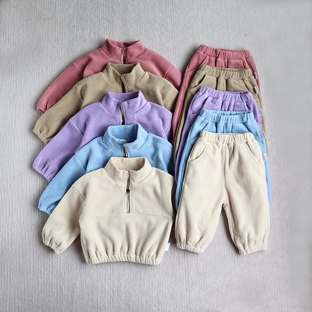 MILANCEL 새로운 가을 아기 스포츠 정장 유아 양털 솔리드 컬러 후드 정장 유아 복장 2PCS