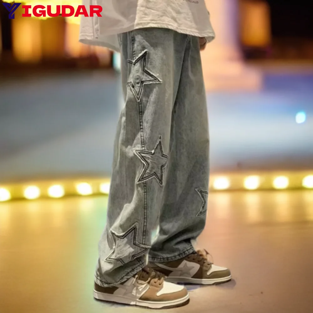 스타 자수 스트레이트 캐주얼 남성 청바지 중립 넓은 다리 느슨한 힙합 패션 청소년 streetwear 데님 바지 y2k 바지 남자