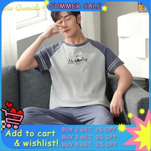 SUKAE 우아한 남성 잠옷 여름 니트 코튼 레저 잠옷 남성용 오목 반팔 긴 바지 Pijamas 소년 세트