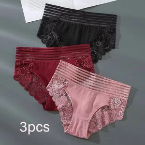 3Pcs 섹시한 레이스 팬티 여성 속옷 솔리드 컬러 팬티 통기성 친밀 팬티 여성 속옷 원활한 란제리