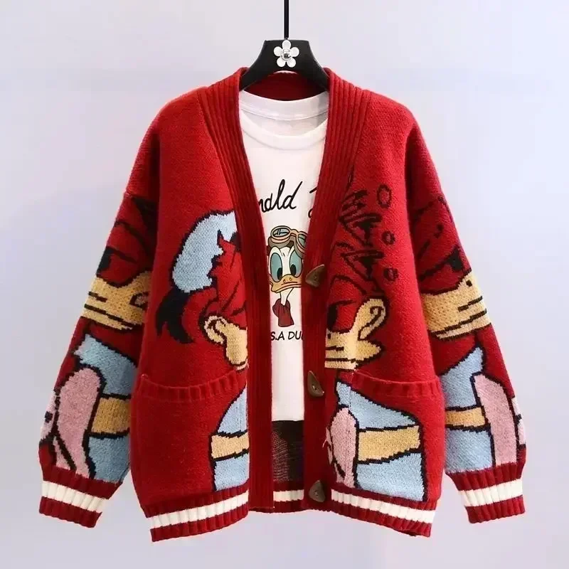 디즈니 니트 카디건 일본 도널드 만화 스웨터 여성용 코트 여성 가을, 겨울 느슨한 야생 Thicken Kawaii Tops