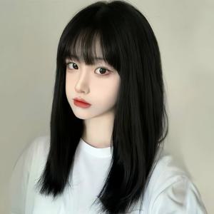 패션 여성은 긴 직선 머리 BOBO 가발 합성 섬유 가발에 기울어 진 프린지 수리 얼굴 기질을 할 수 있습니다
