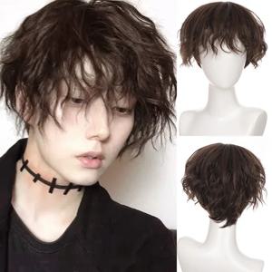 LUPU 합성 짧은 곱슬 소년 머리 가발 블랙 브라운 자연 가짜 거짓 머리 남성용 잘 생긴 크리스마스 할로윈 내열성