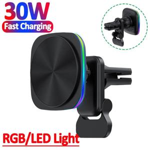 RGB 마그네틱 차량용 휴대폰 거치대 스탠드, 30W 무선 충전기, 아이폰 14, 13, 12 프로 맥스, 자동차 고속 충전 스테이션, 맥세이프