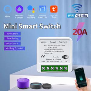 20A Tuya WiFi 미니 DIY 스마트 스위치 모듈 양방향 제어 433MHz Tuya Smart Life App Alexa Google 홈 음성 제어와 함께 작동