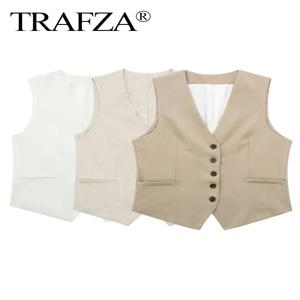 TRAFZA 여성 패션 솔리드 리넨 조끼 싱글 브레스트 민소매 양복 조끼 탑 여름 여성 캐주얼 streetwear 정장 조끼