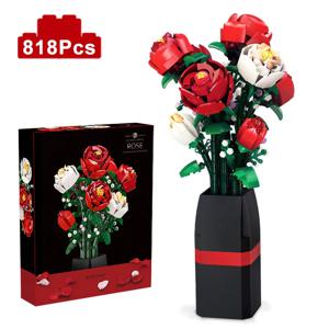 크리 에이 티브 레드 로즈 꽃병 식물 모델 빌딩 블록 Moc 로맨틱 클래식 꽃 꽃다발 화분에 심은 벽돌 장난감 발렌타인 데이 선물