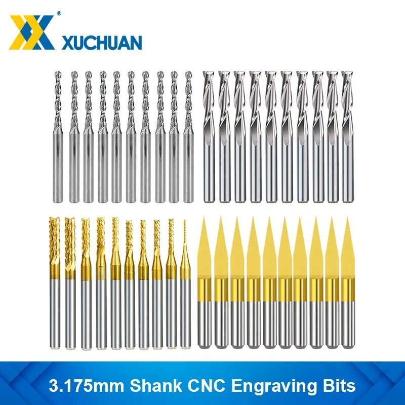 밀링 커터 10pcs 3.175mm Shank 볼 코 엔드 밀 2 플루트 플랫 CNC 라우터 비트 PCB 밀링 커터 목공 도구 용