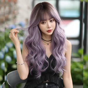NAMM 긴 물결 모양의 앞머리 부분 애쉬 퍼플 옹브레 퍼플 가발 여성용 일일 파티 고밀도 레이어드 바디 웨이브 헤어 가발