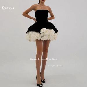 Qunque 끈이 없는 벨벳 미니 파티 원피스 꽃, 우아한 푹신한 맞춤형 무도회 드레스, 이벤트 가운