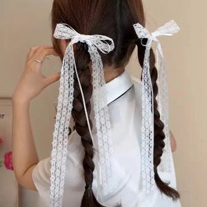 2pcs 한국어 패션 레이스 활 머리핀 여자 여자 리본 헤어 클립 흰색 긴 리본 활 탑 클립 여성 헤어 액세서리 선물