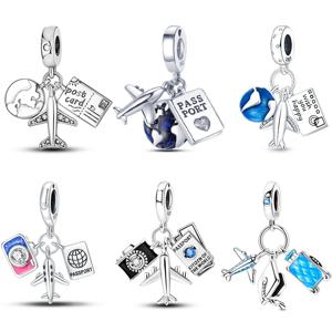 925 스털링 실버 참 비즈 비행기 카메라 지구 여행 참 펜던트 안전 체인 여성용 고급 DIY 쥬얼리