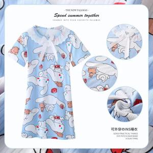 새로운 여름 드레스 여자 Nightdress 스티치 만화 옷 잠옷 아동 의류 ShortSleeve 잠옷 드레스 키즈 가족 착용