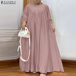 여성 가을 ​​이슬람 긴 드레스 Abaya 긴 소매 Hijab Vestidos 이슬람 가운 Femme ZANZEA 빈티지 라마단 Maxi Sundress Kaftan