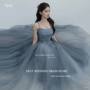 XPAY 더스티 블루 한국 라인 이브닝 드레스 사진 촬영 프릴 계층화 된 요정 Tulle 이브닝 가운 맞춤형 코르셋 댄스 파티 드레스