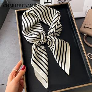 여성 패션 기하학 줄무늬 실크 스퀘어 스카프 70x70 간단한 Neckerchief 선물 고급 새틴 머리띠 목도리 목 스카프
