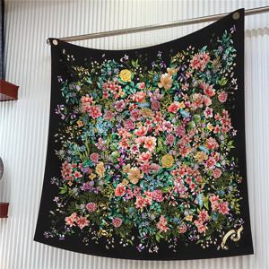 90cm 꽃 꽃 능 직물 실크 스카프 목도리 패션 브랜드 스퀘어 스카프 여성 Hijab 럭셔리 두건 Foulard Neckerchief 머리 스카프