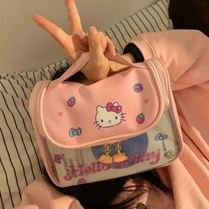 Sanrio Kawaii 헬로 키티 지퍼 메이크업 가방 블랙 뷰티 계피 롤 대용량 방수 휴대용 밀레니엄 걸스 워시