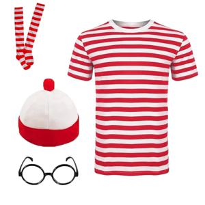 Wheres Waldo 패밀리 월리 코스프레 코스튬, 반팔 안경 및 모자 양말, 어린이 성인 할로윈 카니발 코스프레 코스튬