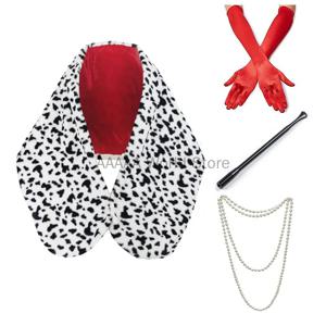 여자 Cruella Deville 의상 액세서리 발견 개 표범 인쇄 스카프 1920 년대 장갑과 코스프레 할로윈 파티를위한 홀더
