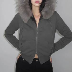 고스 그레이 가짜 모피 칼라 후드 지퍼 업 후드 고딕 그런지 포켓 가을 블랙 자켓 여성 Y2k streetwear egirl Cardigans