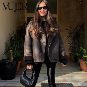 MUJER 여성용 인조 가죽 자켓 겨울 따뜻한 폭격기 자켓 여성 긴 소매 여성 코트 플러시 오버 사이즈 여성 자켓