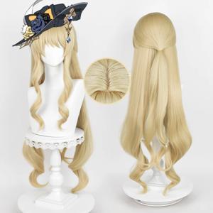 Fontaine Navia 코스프레 가발 95cm 리넨 골드 웨이브 헤어 내열성 합성 두피 가발