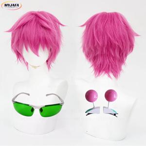 고품질 Saiki Kusuo 코스프레 가발 로즈 핑크 짧은 내열성 합성 머리 애니메이션 역할 놀이 가발 + 가발 모자