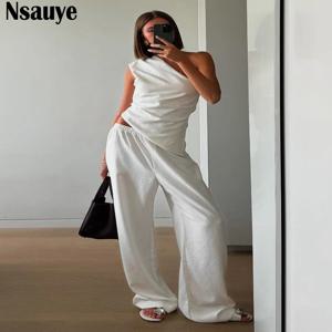Nsauye 여름 캐주얼 여성 패션 Tracksuit 바지 두 조각 세트 흰색 속이 빈 Backless 스키니 탑 긴 바지 섹시한 세트 2025