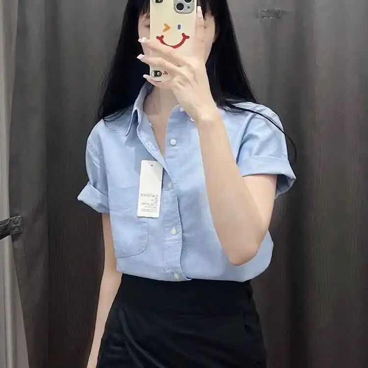 유행 순수 코튼 반팔 셔츠 여성의 느슨한 스타일 한국어 버전 여름 새 도착 우아한 탑 통근 착용