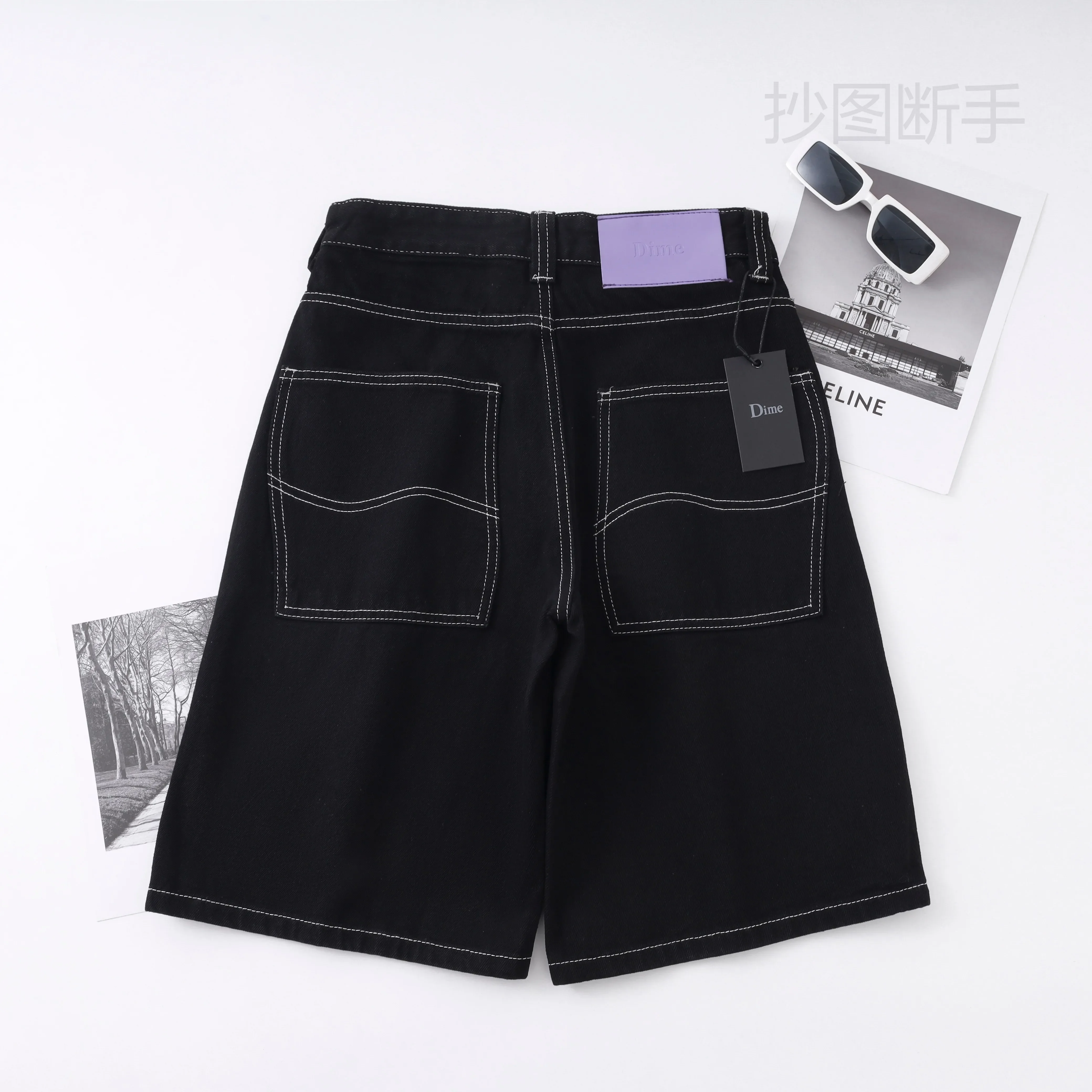 Y2K Traf Dime 남성용 짧은 스케이트 신발 느슨한 짧은 수 놓은 데님 단순 코너 남성용 청바지 Inkless Hot Pants 남성용 청바지