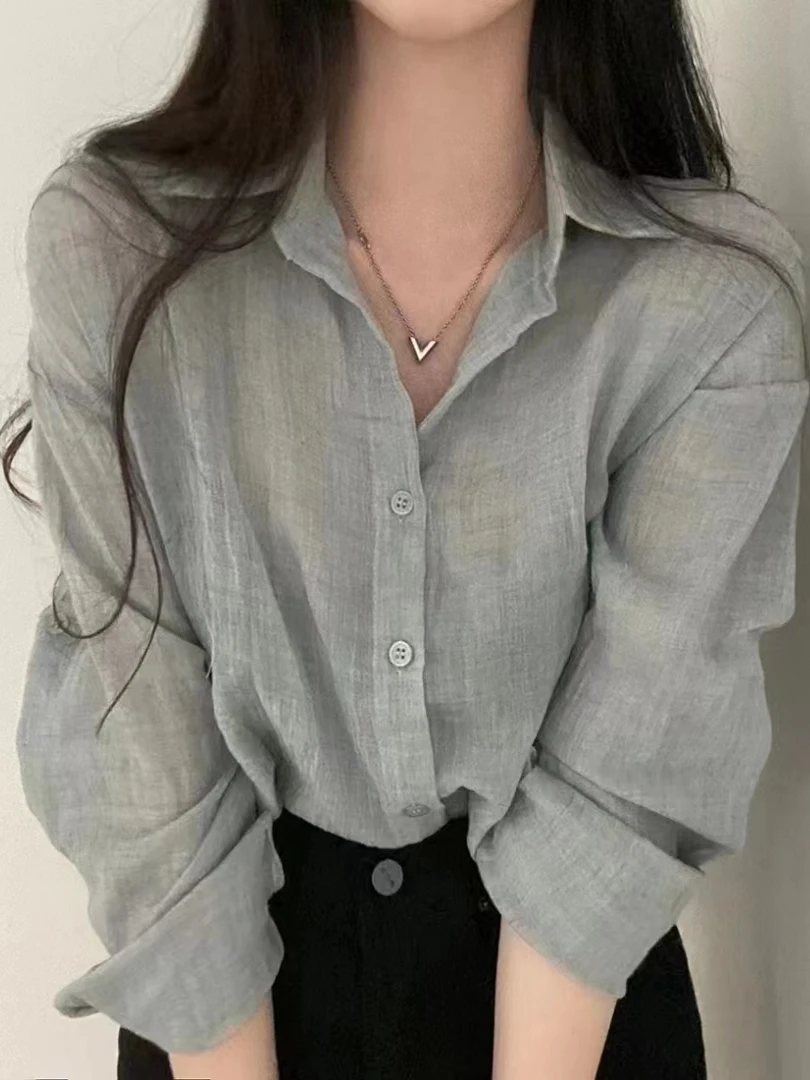 시크 빈티지 봄 긴 소매 셔츠 짧은 루즈핏 썬 프로텍션 싱글 버튼 노치 칼라 플리츠 효과 여성 블라우스