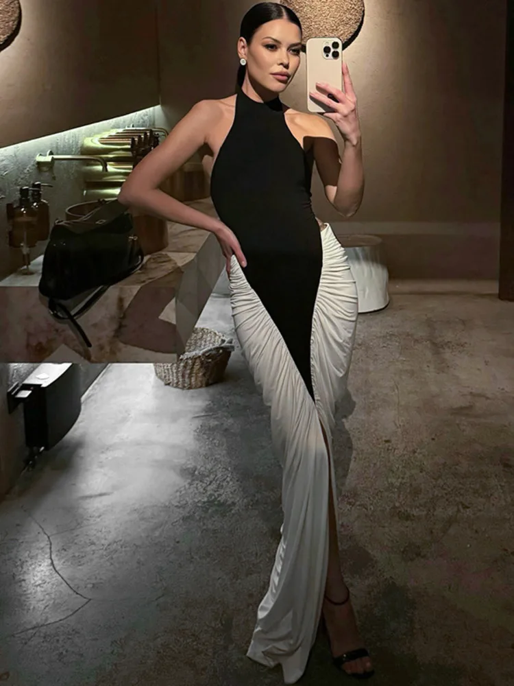 Blifanbo 패치 워크 민소매 스플릿 맥시 드레스 여성 패션 대비 색 홀터넥 백리스 셔링 Bodycon 클럽 파티 롱 드레스