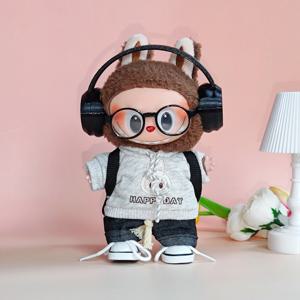 【인형 의상만】17cm 라부부 그레이 비닐 키체인 - 프린트 후드티 세트(액세서리 포함)