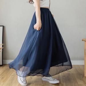 봄 여름 얇은 쉬폰 와이드 레그 팬츠 여성 하이웨이스트 드레이핑 나인 포인트 스커트 루즈핏 밴딩 플러스 사이즈 팬츠